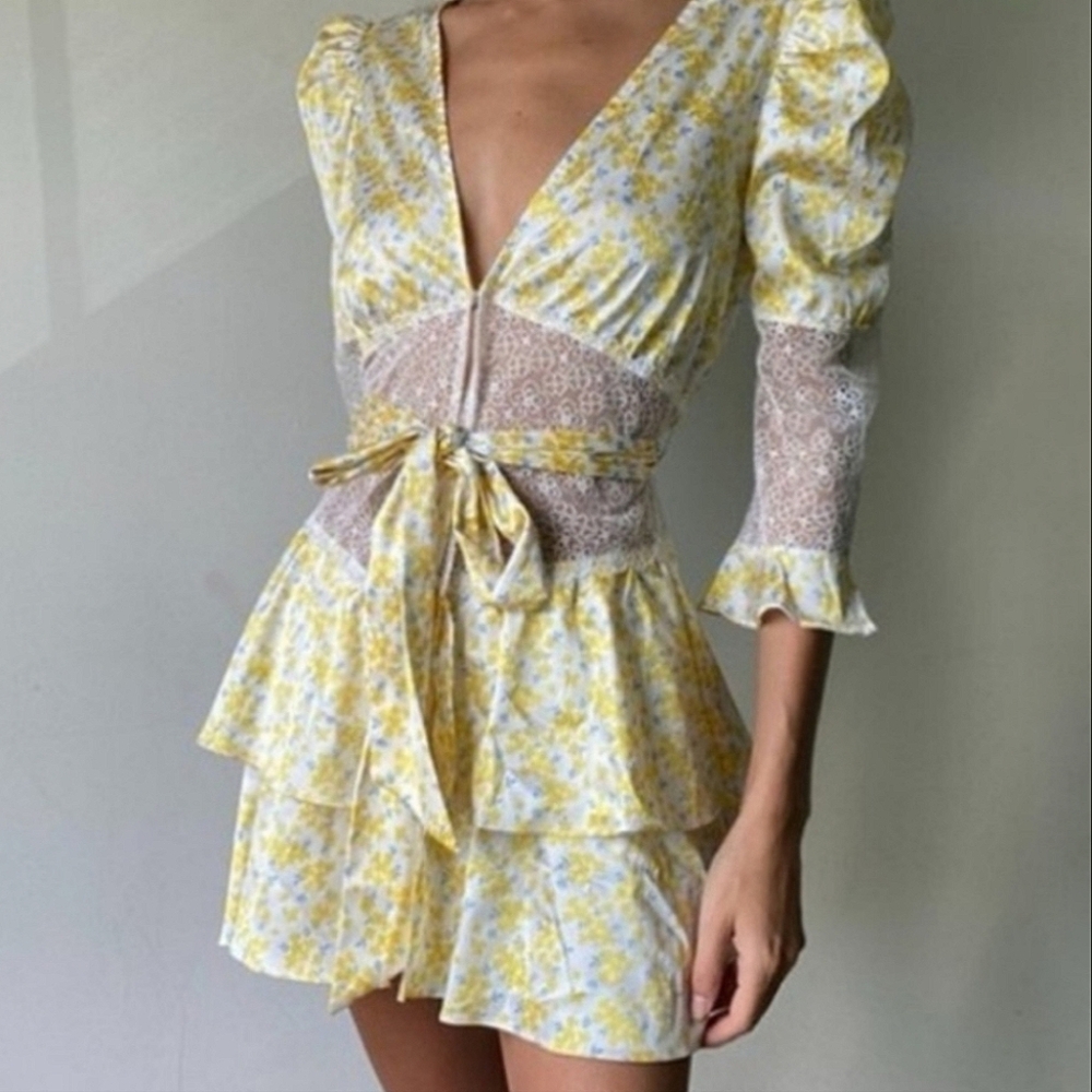 For Love & Lemons Yellow Floral Dress Size Medium. New With Tags